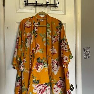 LuLaRoe Floral Kimono with Deep Mustard and Green Floral Design